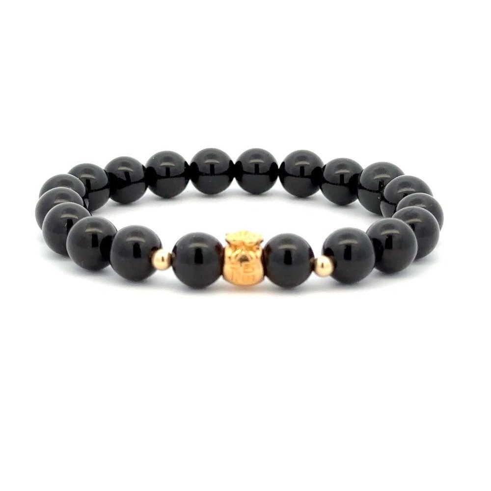 18K Gold Money Bag Lucky Charm Beads Bracelet Gemstones Obsidian 8mm
